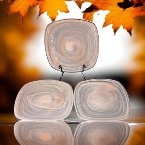 3 Pier 1 Alabaster Glass Plate Side Salad Dessert‎ Lunch Niveus Pink Beige Swirl